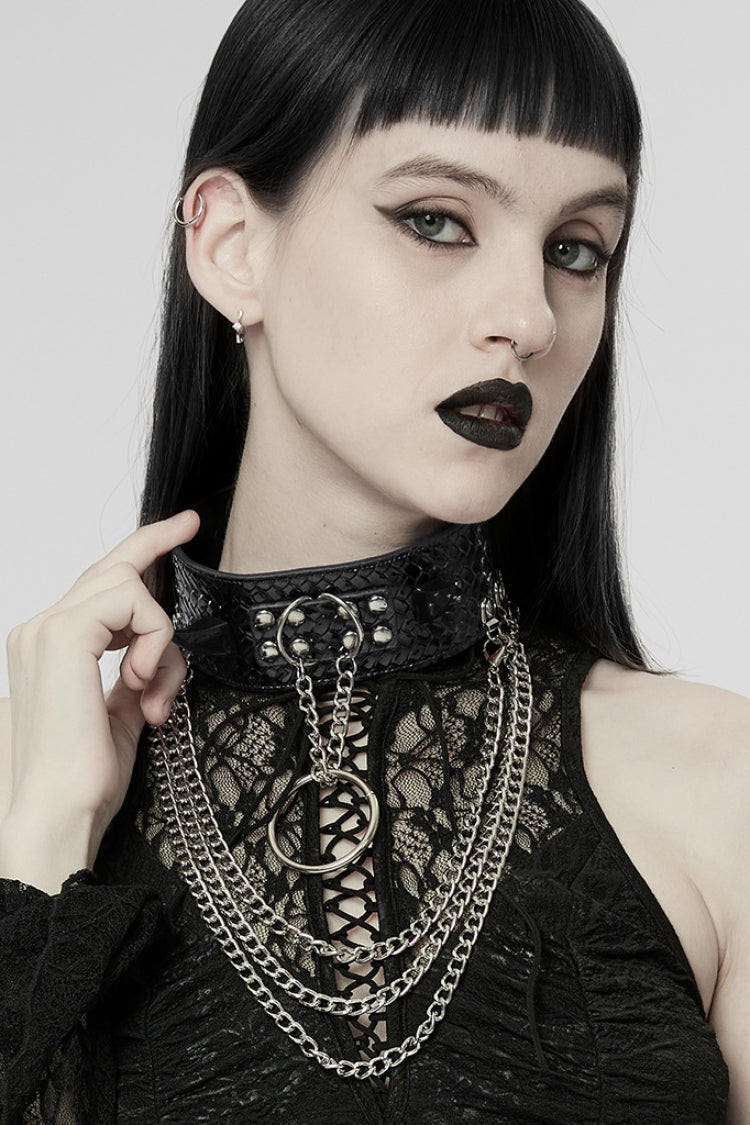 Snakeskin Faux Leather Metal Rivets Women's Steampunk Choker 2 Colors - Black - 1