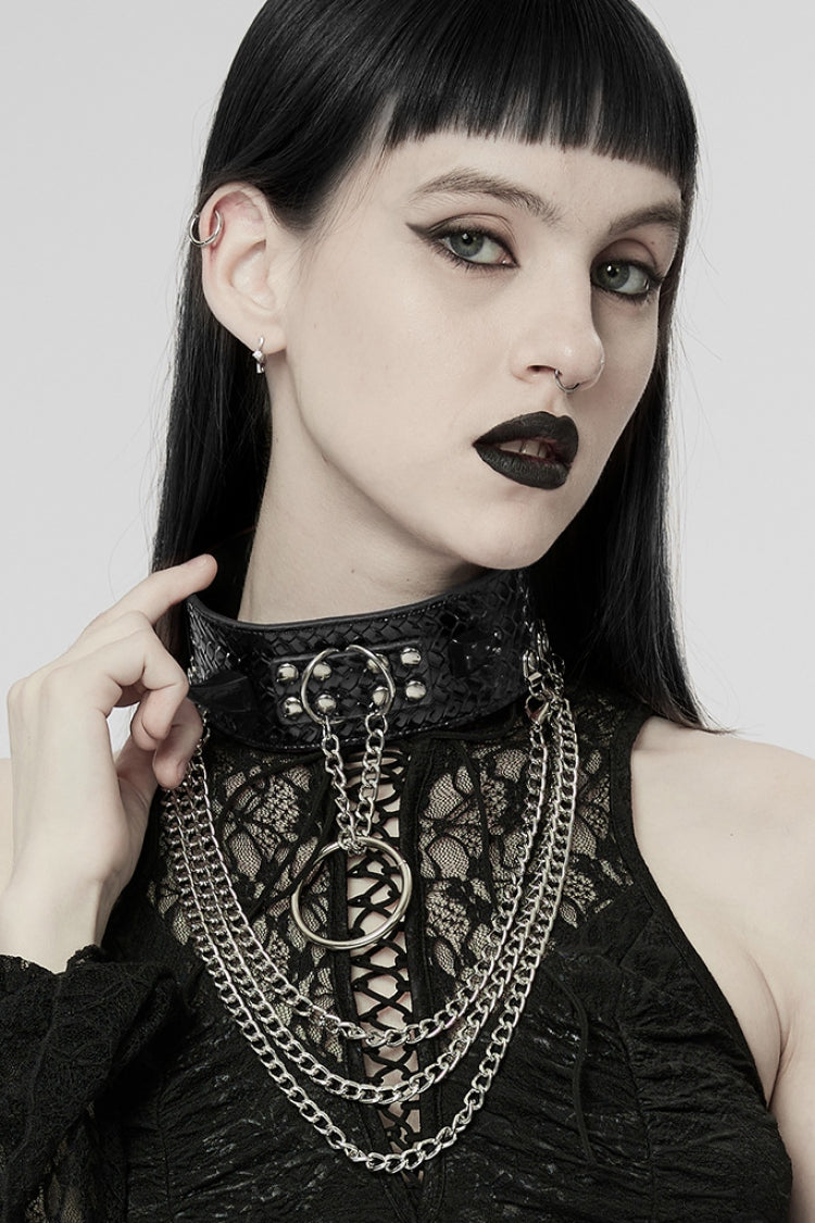 Snakeskin Faux Leather Metal Rivets Women's Steampunk Choker 2 Colors - Black - 1