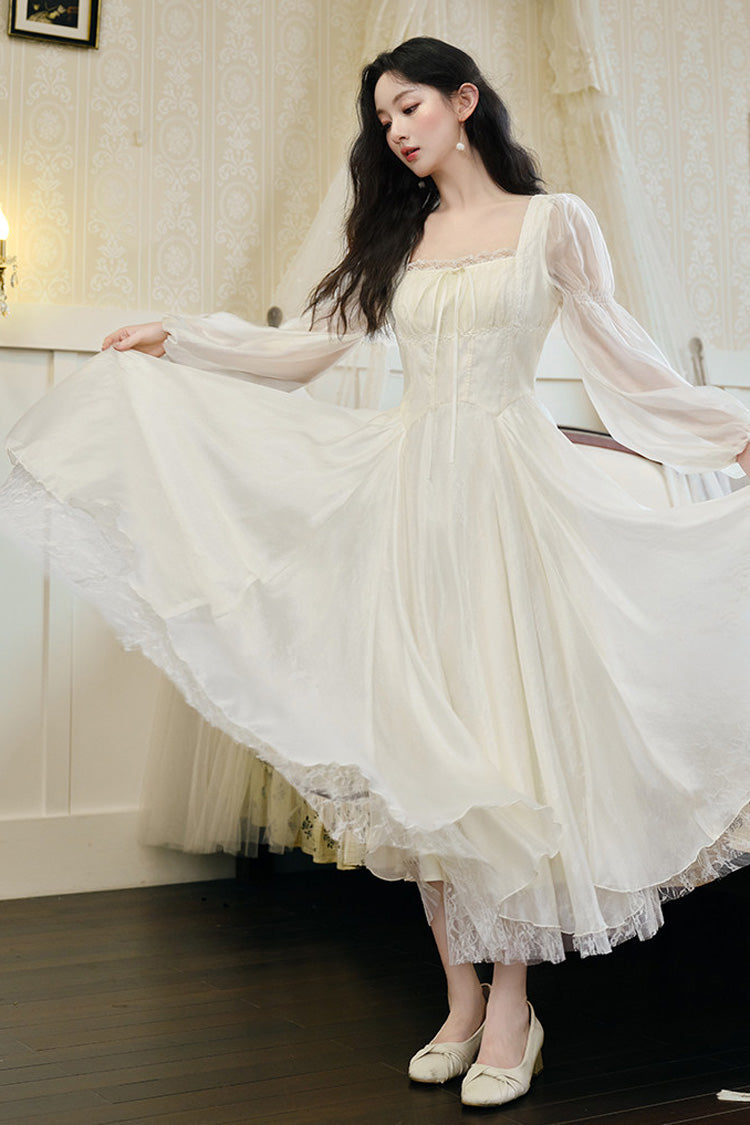 Ivory French Style Square Collar Long Sleeves Lace Classic Palace Lolita Dress - Product - 7