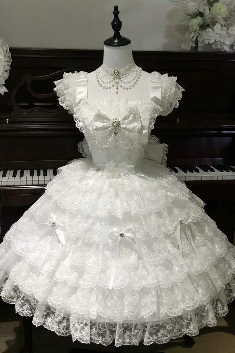 White [Featherlight Slumber] Square Collar Sleeveless Multi-Layered Bow Lace Pearl-Decorated Gothic Lolita Jsk Dress - Product - 3