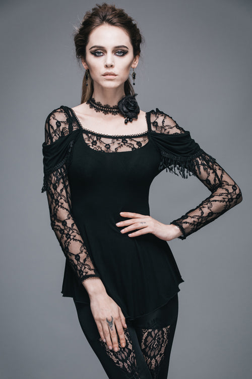 Black Rose Lace Long Sleeves Modal Womens Gothic T-Shirt - Product - 2
