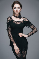 Black Rose Lace Long Sleeves Modal Womens Gothic T-Shirt - Product - 2