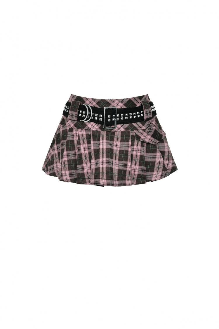 Pink/Brown Buckled Plaid Women's Punk Pleated Mini Skirt - Product - 3
