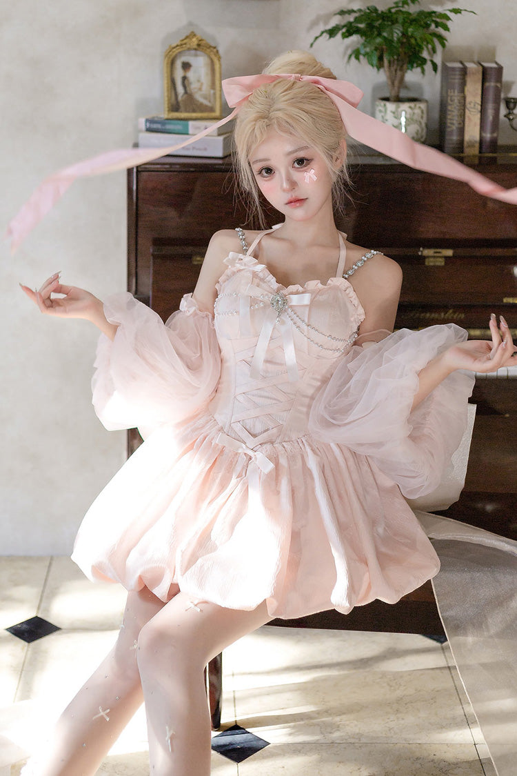 Pink [The Runaway Princess] Sleeveless Ruffle Bowknot Lace-Up Sweet Lolita Jsk Tulip Dress Set - Product - 8