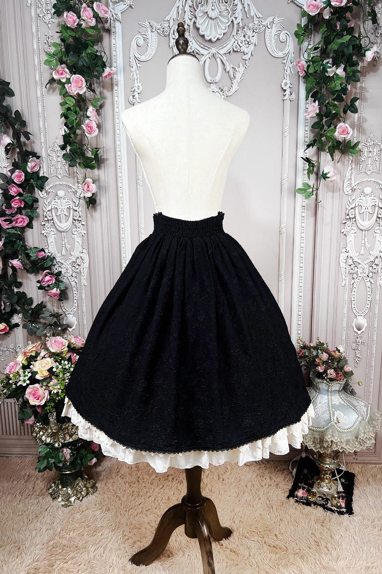Black [Heart of Rose] High Waisted Ruffle Embroidery Lace-Up Sweet Vintage Elegant Palace Lolita Skirt - Product - 15