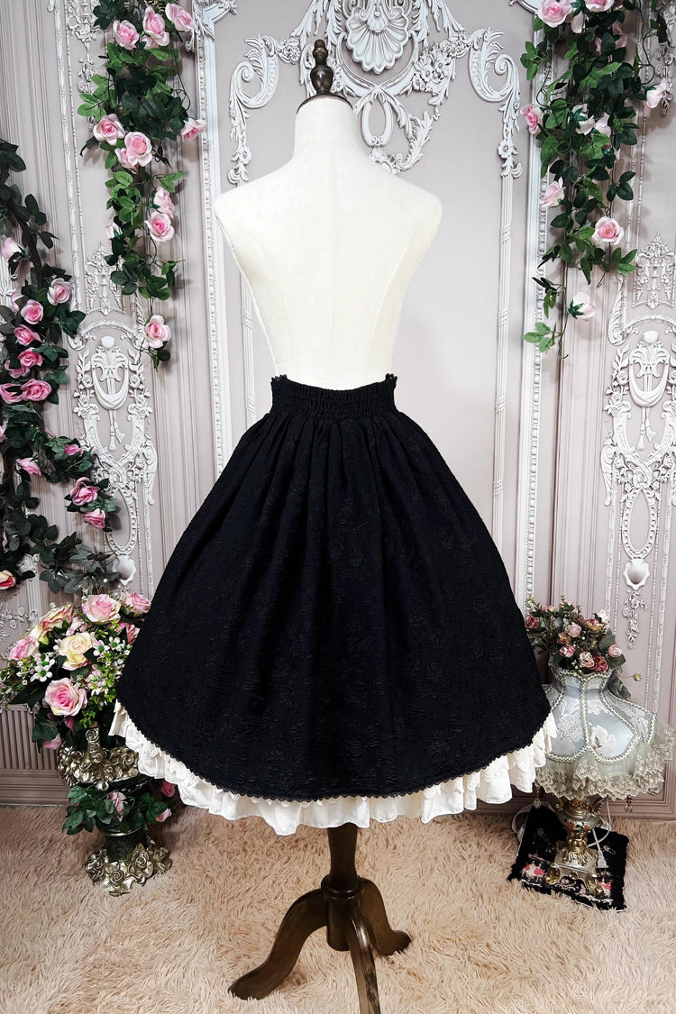 Black [Heart of Rose] High Waisted Ruffle Embroidery Lace-Up Sweet Vintage Elegant Palace Lolita Skirt - Product - 15