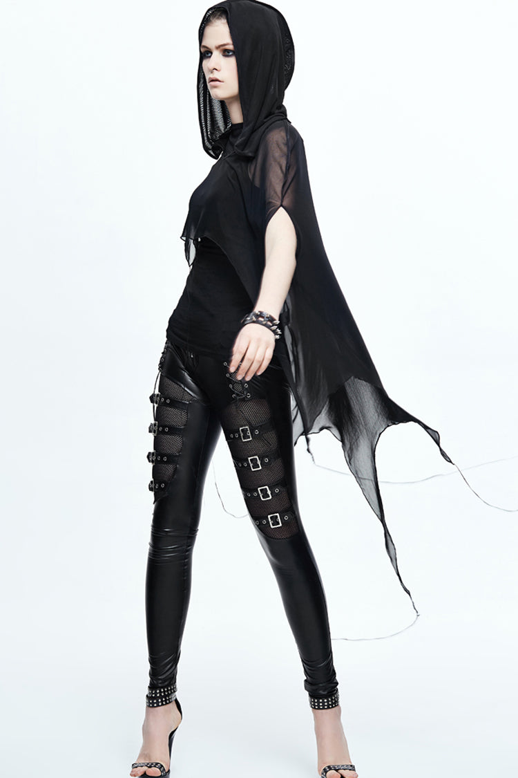 Black Mesh Wavy Sideline Long Women's Punk Hooded Bat Shawl - Product - 4