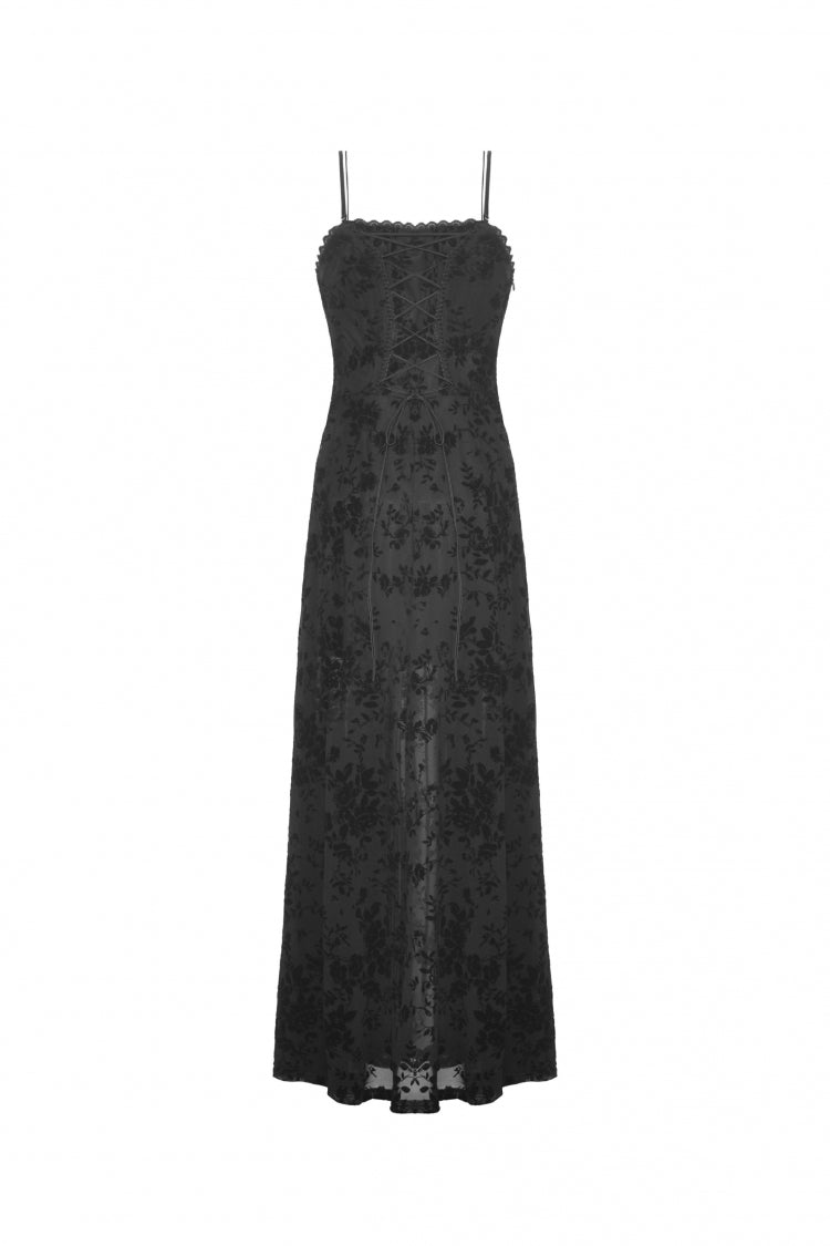 Black Sleeveless Lace Lace-Up Women's Gothic Maxi Rose Slip Dress - Product - 14