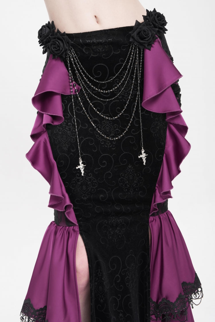 Purple Floral Print Lace-Up Rose Chain Women's Gothic Fishtail Skirt - Product - 6