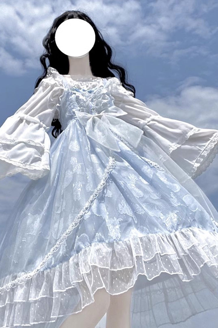 Light Blue Shell Jacquard Ruffle Bowknot Lace Sweet Lolita Jsk Dress - Product - 2