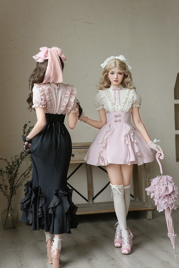 Pink/Black [Miss Lola] Stand Collar Short Sleeves Multi-Layered Ruffle Bowknot Sweet Lolita Mermaid Dress - Product - 6