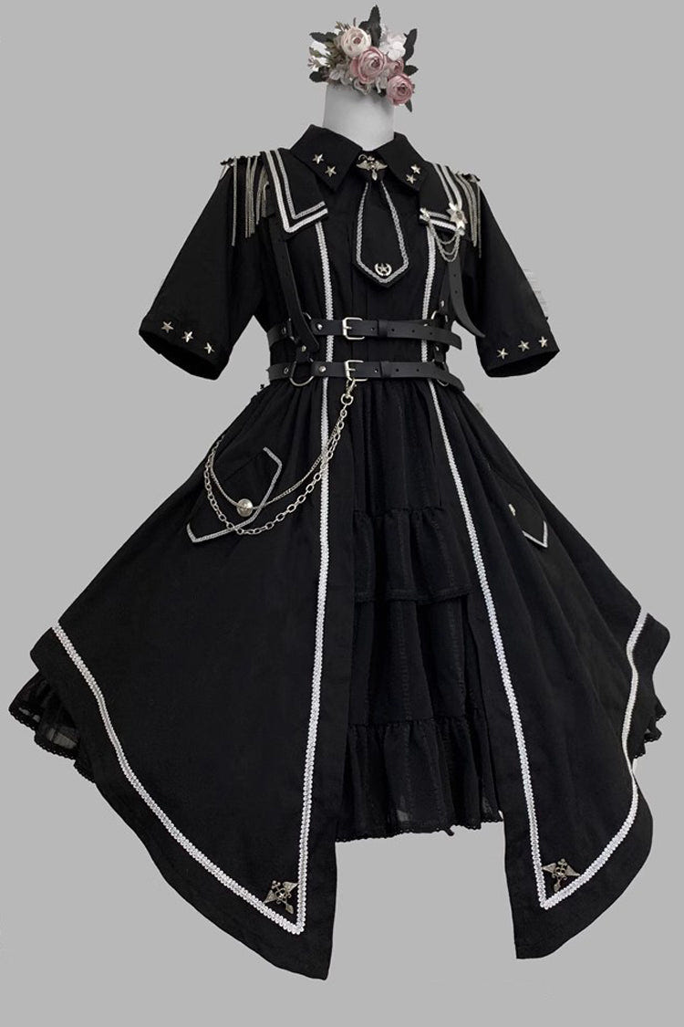 Black [Sunset Universe] Short Sleeves Cardigan Lace Gothic Military Handsome Lolita Dress Full Set - Product - 2