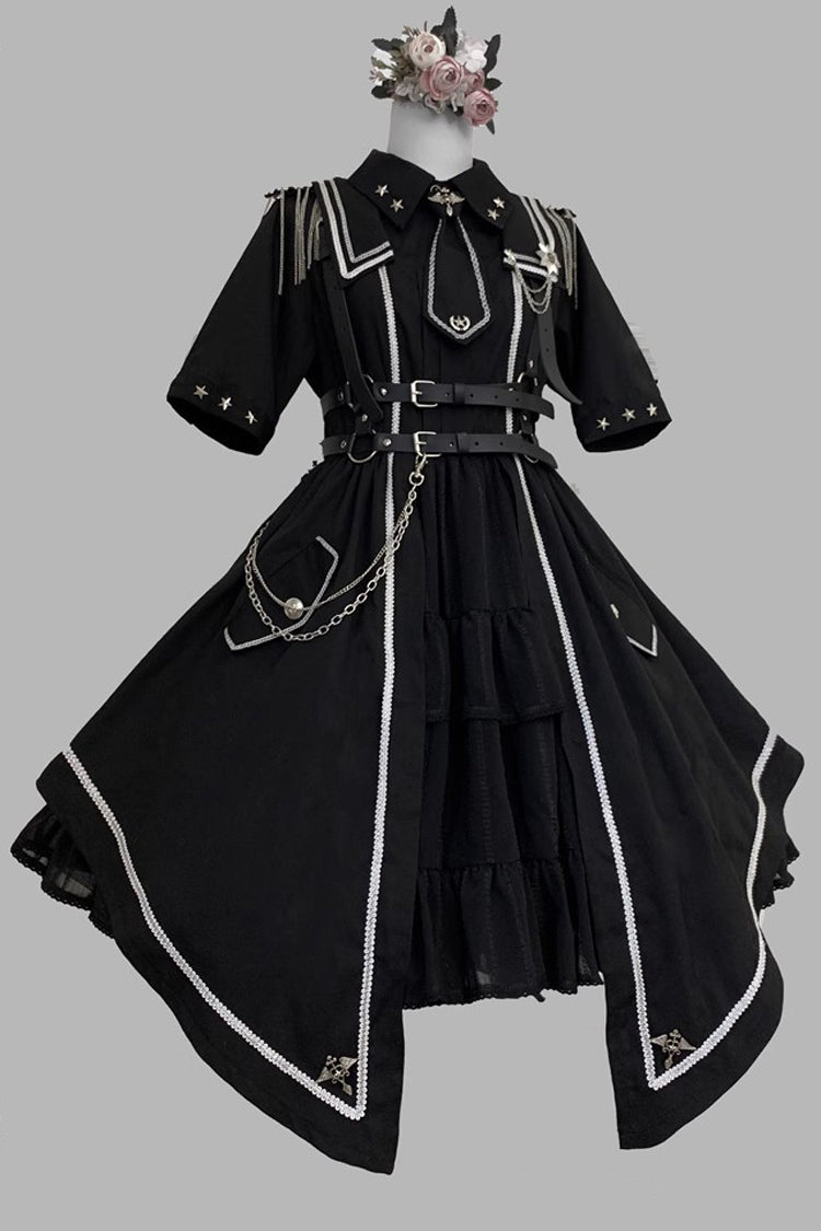 Black [Sunset Universe] Short Sleeves Cardigan Lace Gothic Military Handsome Lolita Dress Full Set - Product - 2