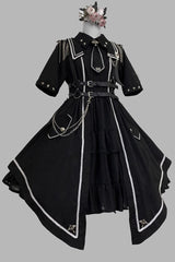 Black [Sunset Universe] Short Sleeves Cardigan Lace Gothic Military Handsome Lolita Dress Full Set - Product - 2