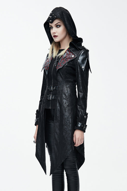 Black Punk Burnt Out Applique Hooded Womens Leather Coat - Product - 2