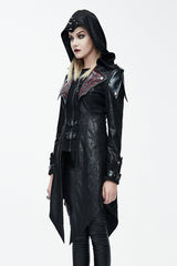 Black Punk Burnt Out Applique Hooded Womens Leather Coat - Product - 2