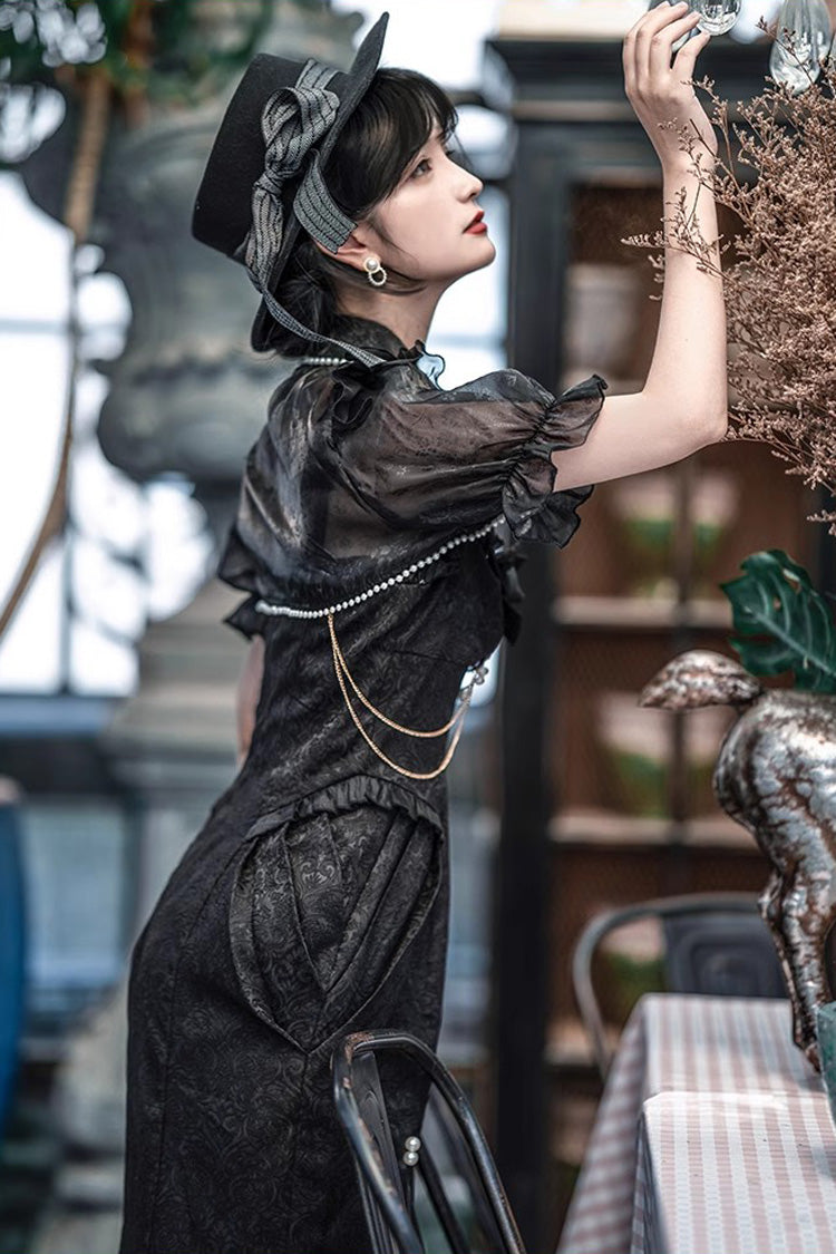 Black [Camellia 1.0] Sleeveless Jacquard Ruffle Lace Gothic Chinese Style Lolita Jsk Fishtail Dress - Product - 4
