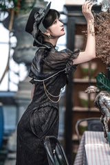 Black [Camellia 1.0] Sleeveless Jacquard Ruffle Lace Gothic Chinese Style Lolita Jsk Fishtail Dress - Product - 4