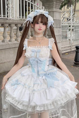 Blue/White [Clouds and Mist] Multi-Layered Ruffle Bowknot Lace Sweet Princess Lolita Jsk Dress - Product - 4