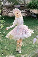 Pink/Blue [Pegasus Park] Multi-Layered Print Ruffle Bowknot Lace Sweet Gorgeous Lolita Jsk Dress - Product - 5