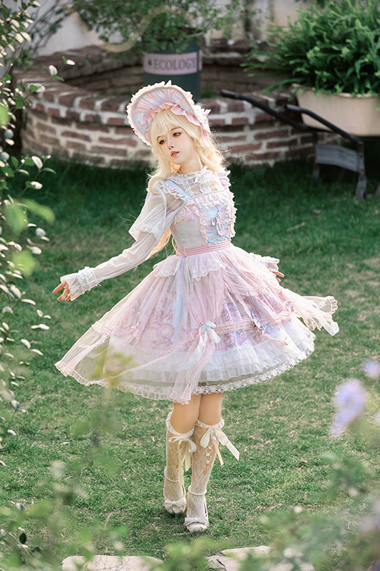 Pink/Blue [Pegasus Park] Multi-Layered Print Ruffle Bowknot Lace Sweet Gorgeous Lolita Jsk Dress - Product - 5
