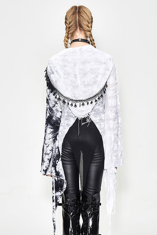 Black And White Tie Dyed Jersey Hooded Punk Asymmetrical Womens Coat - Product - 4