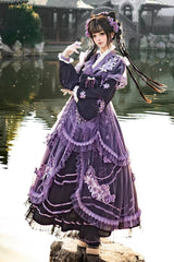 Purple [Violet Gauze Lily] Stand Collar Long Sleeves Ruffled Embroidered Bow Classic Chinese Style Elegant Gorgeous Lolita Dress Set - Product - 5