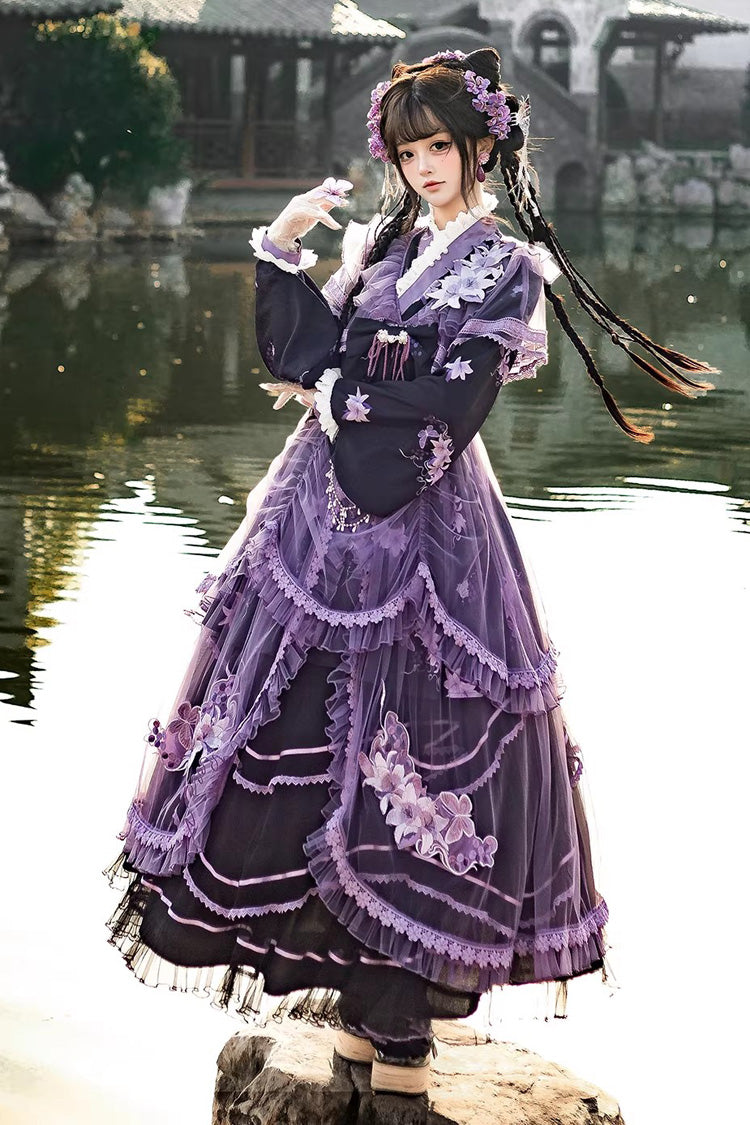 Purple [Violet Gauze Lily] Stand Collar Long Sleeves Ruffled Embroidered Bow Classic Chinese Style Elegant Gorgeous Lolita Dress Set - Product - 5