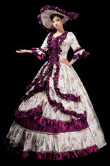 Floral Print Half Sleeves Stitching Ruffled Multi-Layer Victorian Lolita Prom Dress - Product - 6
