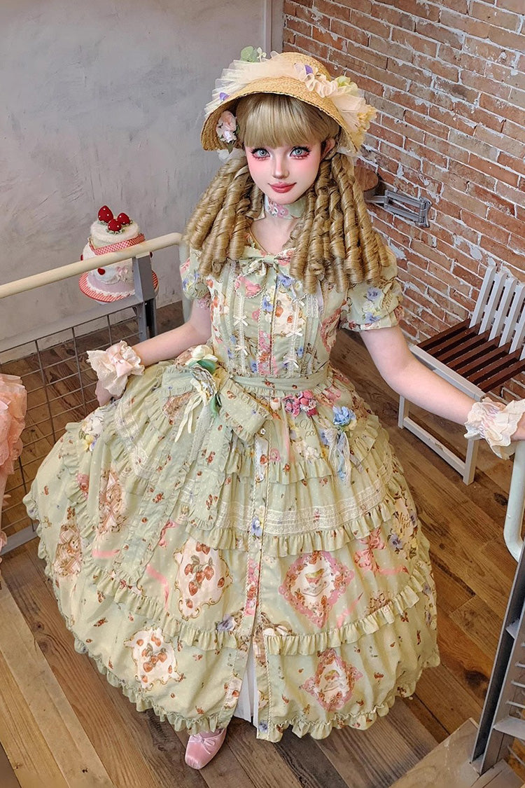 Green [Cat Rose Tea] Short Sleeves Print Ruffle Cardigan Bowknot Daily Sweet Lolita Dress - Product - 4