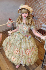 Green [Cat Rose Tea] Short Sleeves Print Ruffle Cardigan Bowknot Daily Sweet Lolita Dress - Product - 4