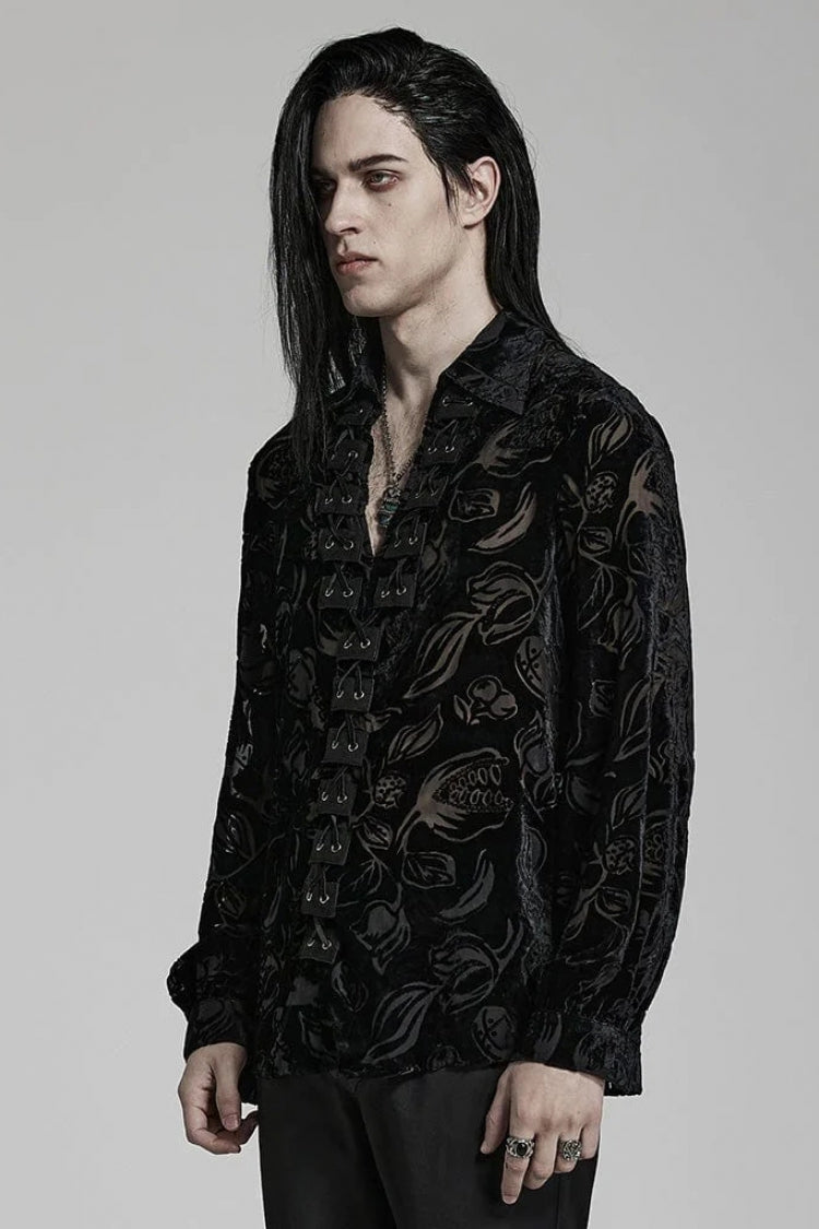 Piranha Print Lapel Collar Long Sleeves Mens Gothic Blouse 2 Colors - Product - 2