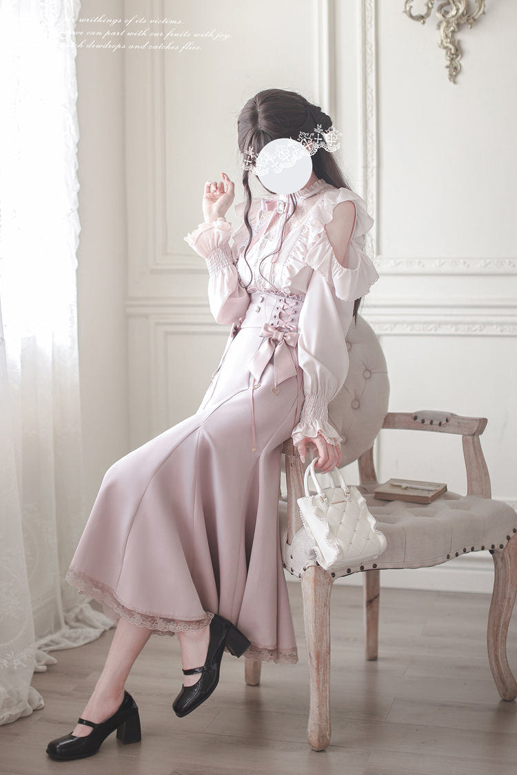 Pink Ruffle Bowknot Slim Sweet Elegant Lolita Fishtail Skirt Dress - Product - 11
