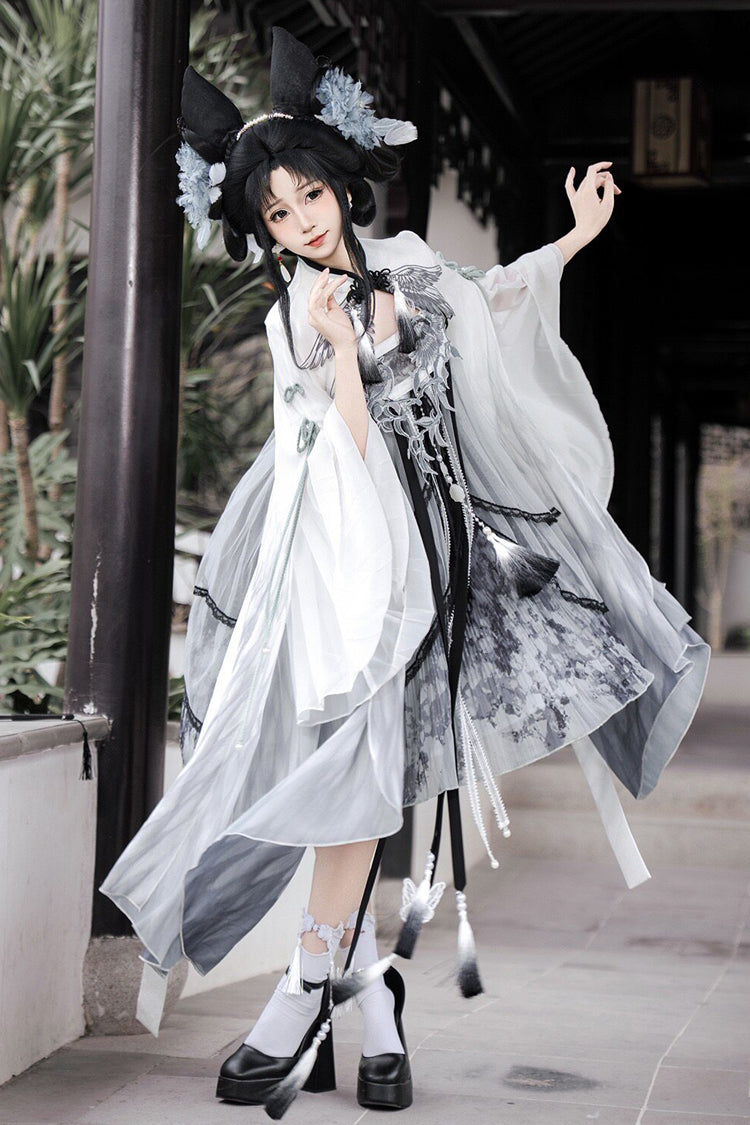 Black/White [Magpie Feather] High Waisted Printed Women's Classic Chinese Style Hanfu Dress Set - Product - 2