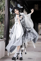 Black/White [Magpie Feather] High Waisted Printed Women's Classic Chinese Style Hanfu Dress Set - Product - 2