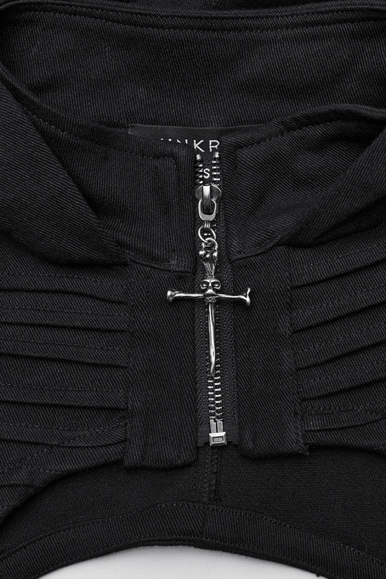 Black Stand Collar Sleeveless Hooded Zipper Pleated Women's Punk Short Vest - Product - 6