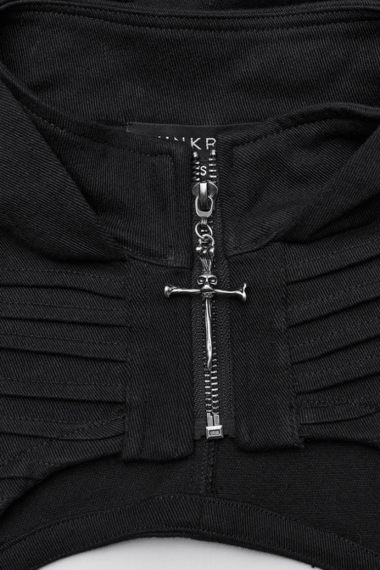 Black Stand Collar Sleeveless Hooded Zipper Pleated Women's Punk Short Vest - Product - 6