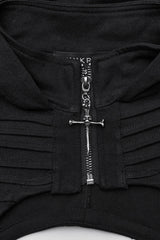 Black Stand Collar Sleeveless Hooded Zipper Pleated Women's Punk Short Vest - Product - 6