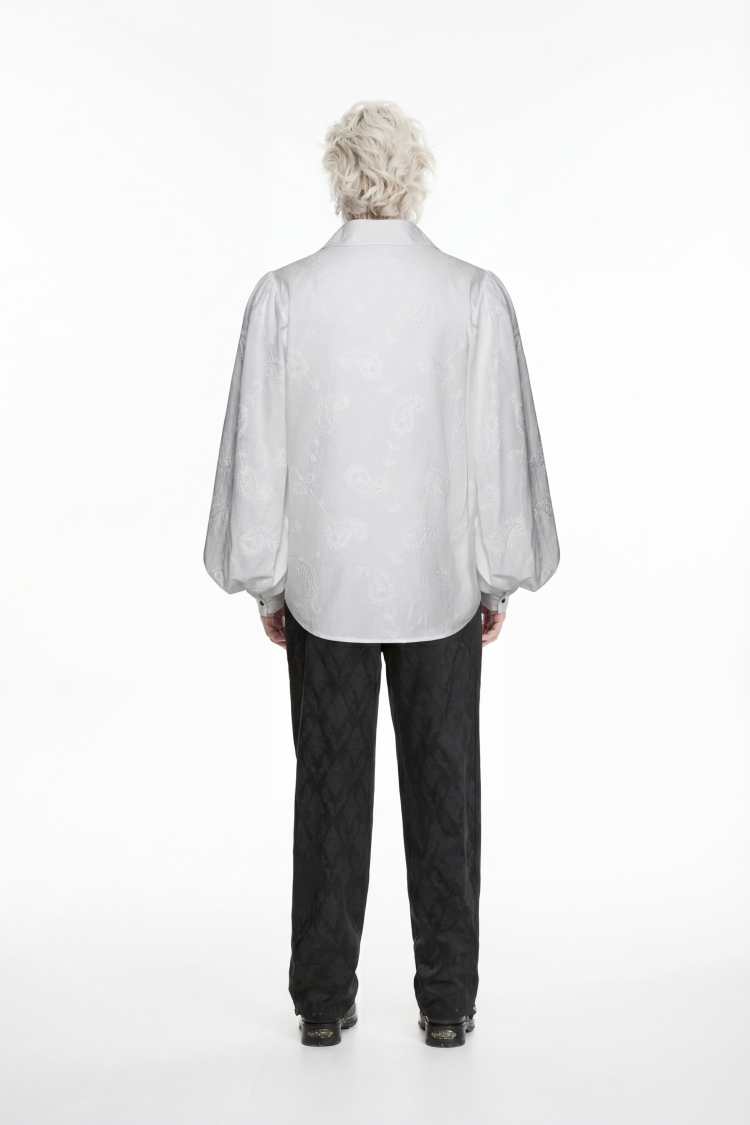 White Lapel Collar Long Lantern Sleeves Printed Embroidered Men's Gothic Shirt - Product - 7