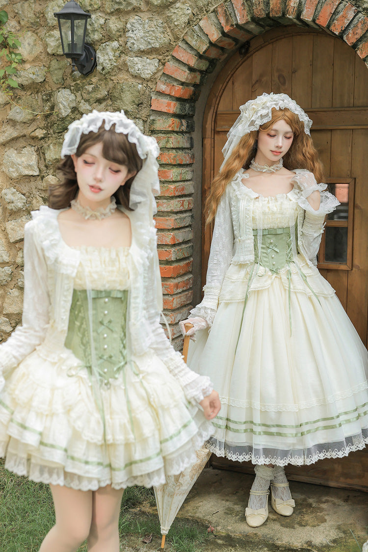 Green Square Collar Sleeveless Multi-Layered Ruffled Bow Lace Fishbone Sweet Lolita Jsk Dress 2 Versions - Product - 6