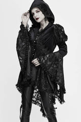 Black Knit Velvet Hooded Front Chest Decals Metal Retro Button Lace Cuff Women's Gothic Coat - Product - 5