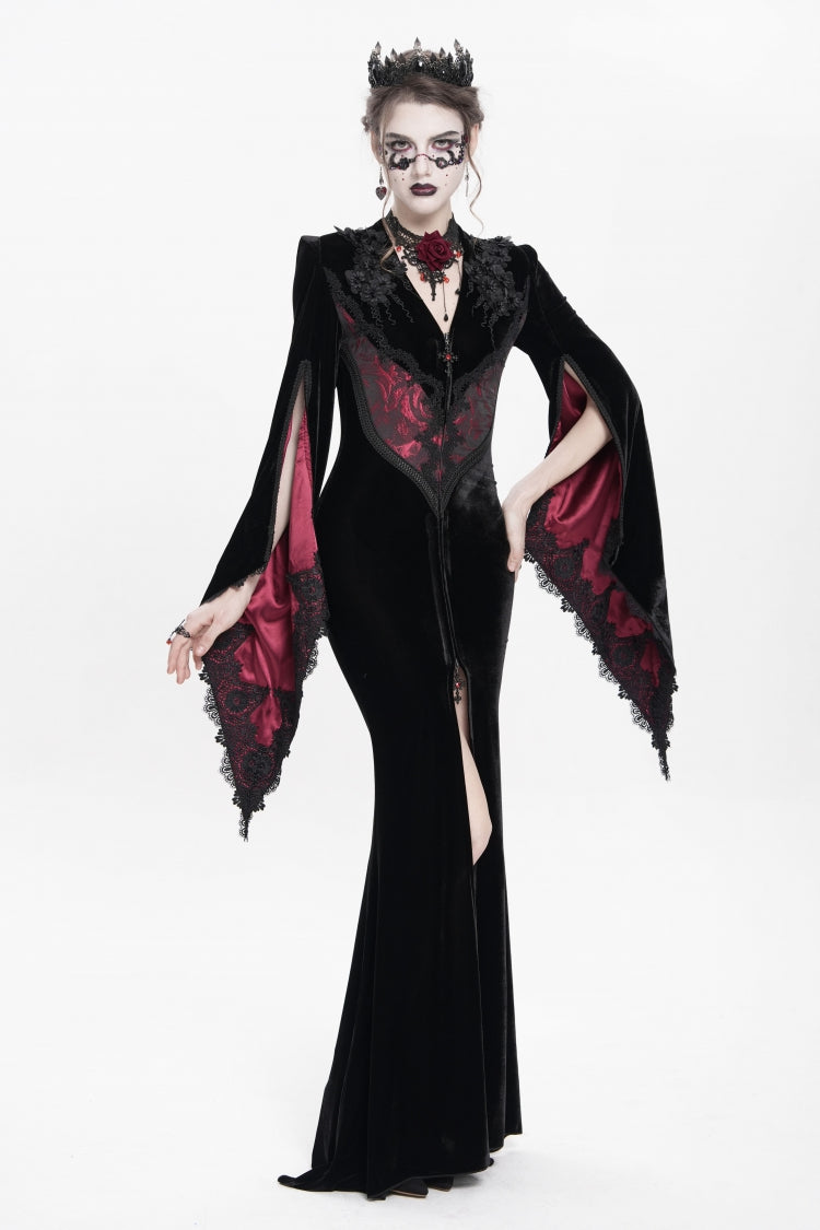 Black/Red V Collar Long Trumpet Sleeves Floral Embroidered Velvet Women's Gothic Dress - Product - 3