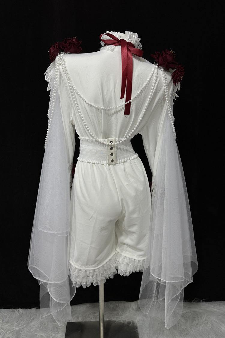 White [Ailing Stars] Stand Collar Long Sleeves Ruffled Pearl Detail Classic Ouji Lolita Set - Product - 4