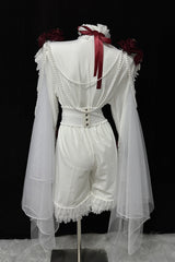 White [Ailing Stars] Stand Collar Long Sleeves Ruffled Pearl Detail Classic Ouji Lolita Set - Product - 4