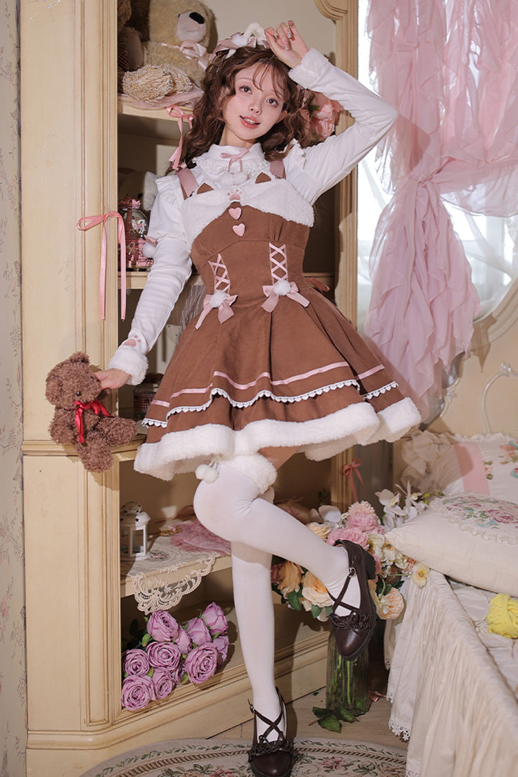 [Star Who Meow] Double-Layered Bowknot Autumn and Winter Sweet Lolita Jsk Dress 3 Colors - Brown - 1