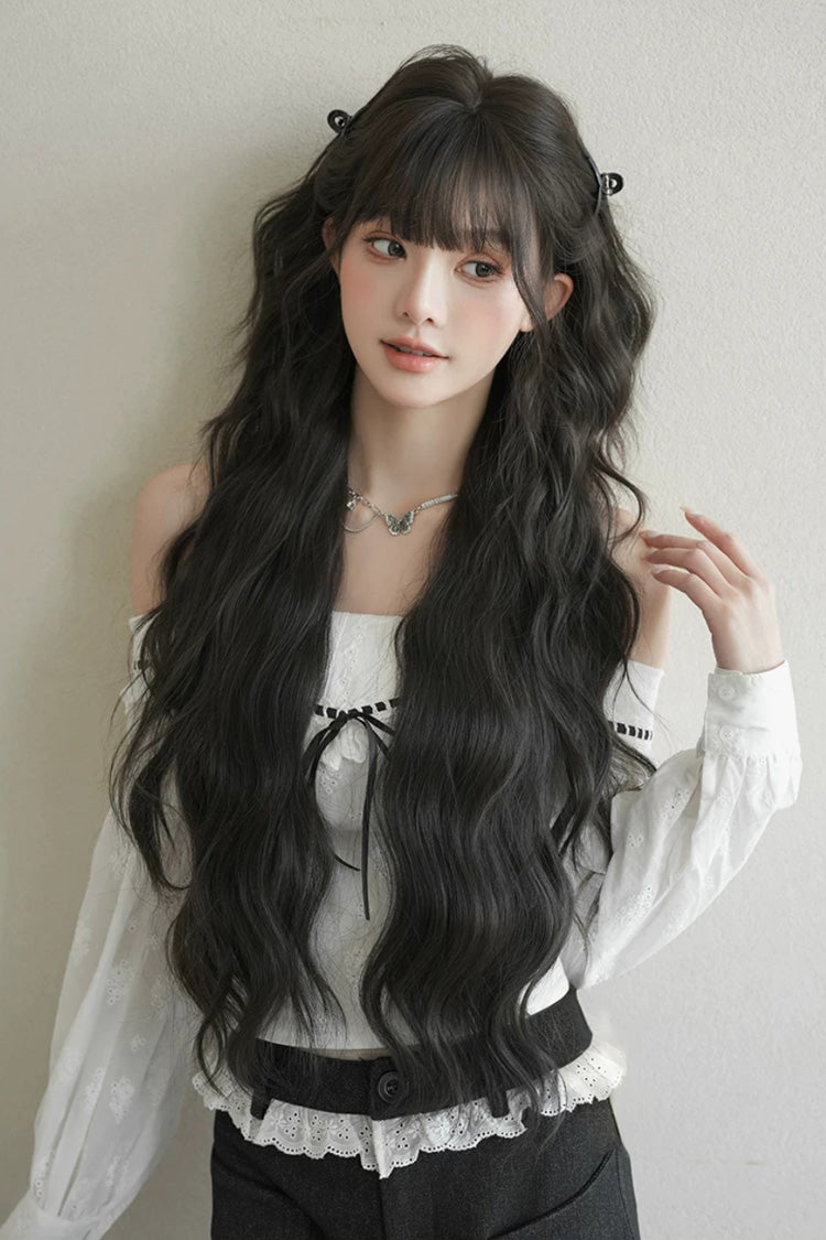 Black Brown Fluffy Natural Water Wave Curly Sweet Daily Lolita Long Wig - Black-Brown - 1