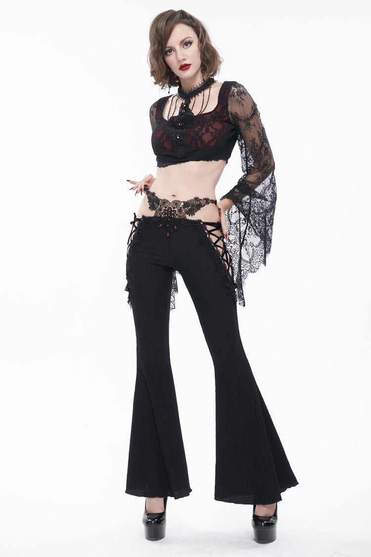 Black Low-Rise Lace Gem-Embellished Bilateral Lace-Up Cutout Flared Women's Gothic Pants - Product - 6