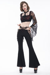 Black Low-Rise Lace Gem-Embellished Bilateral Lace-Up Cutout Flared Women's Gothic Pants - Product - 6