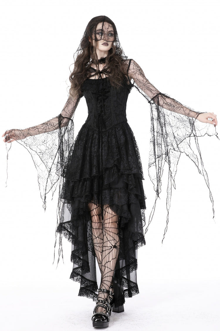 Black Spider Exaggerated Long Flared Sleeves Lace-Up Sheer Women's Gothic Cape with Hood - Black - 1