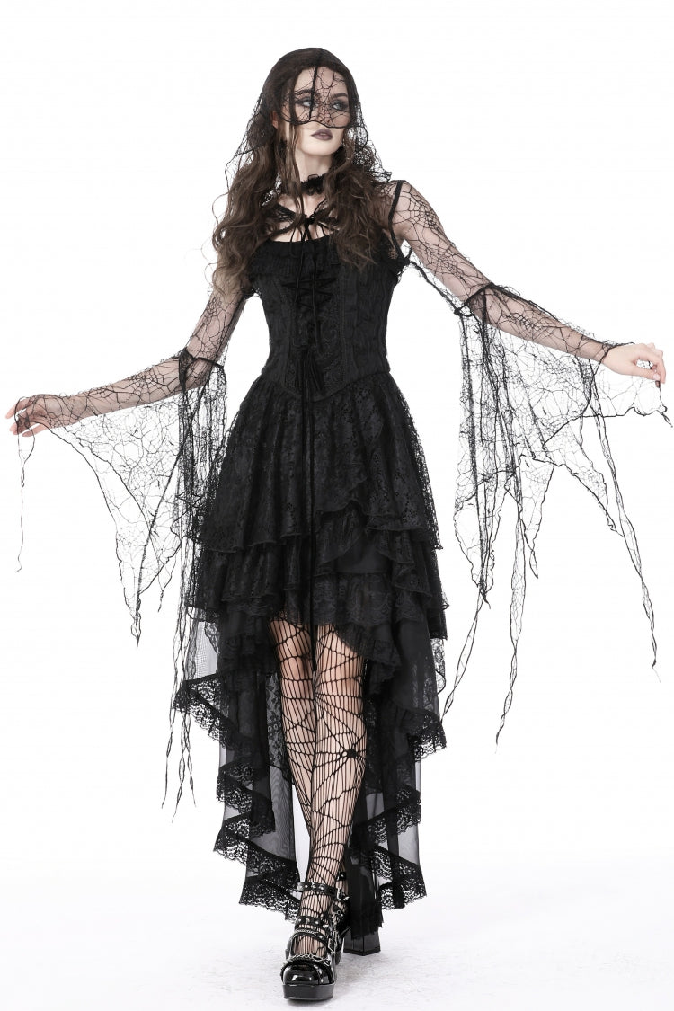 Black Spider Exaggerated Long Flared Sleeves Lace-Up Sheer Women's Gothic Cape with Hood - Black - 1